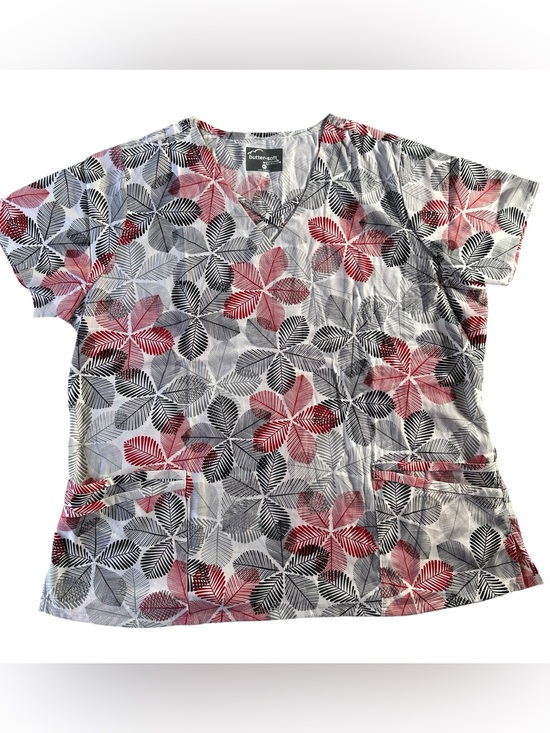 Butter Soft Tops - NWT Butter-Soft Stretch V-Neck Leaf Print Scrub Top — Pink & Gray XL